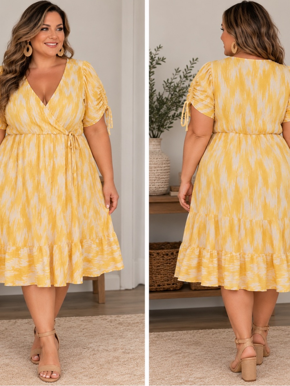 torrid Yellow Ikat-Style Tie-Waist V-Neck Midi Dress